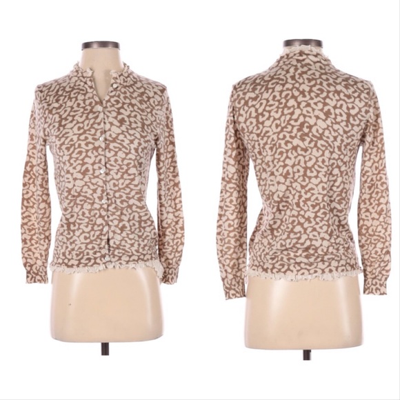 J. Crew Merino Wool Leopard Tan White Front Button Cardigan Sweater Medium - Picture 2 of 5